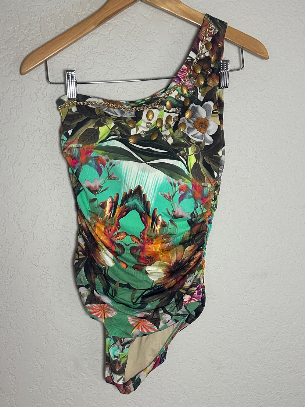 NEW Mardu One Shoulder Swimsuit Tropical Floral Exotic Rhinestones Resortwear